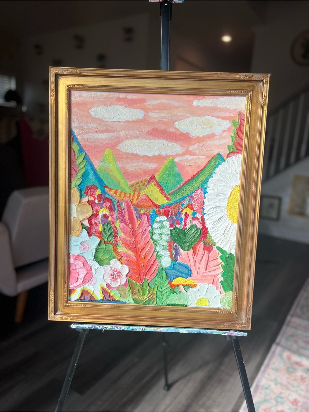Textured Floral Landscape Painting in Peach, Pink & Green - Picture 2 of 10